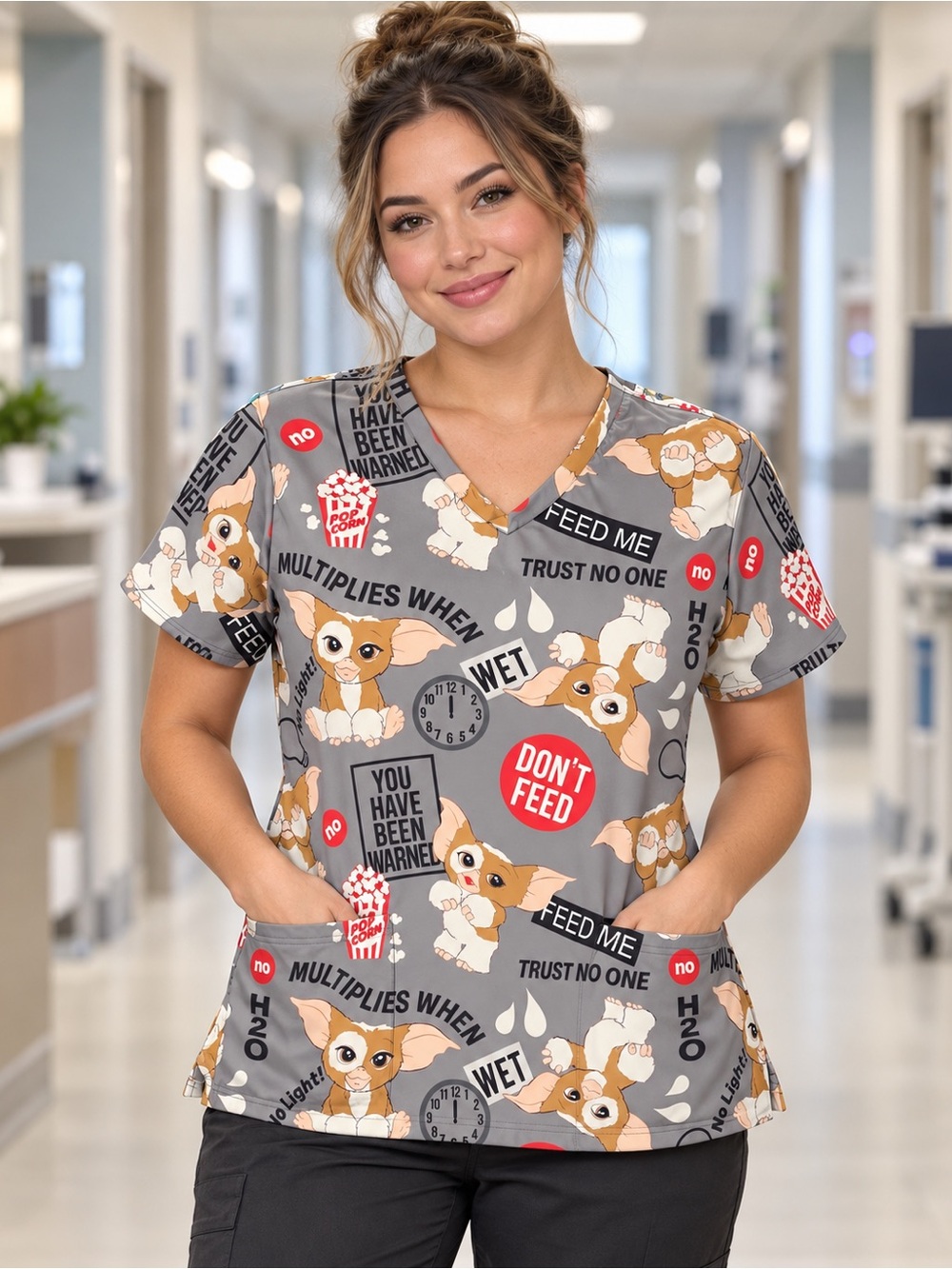 Gremlins Gizmo Gray Scrub Top XXL